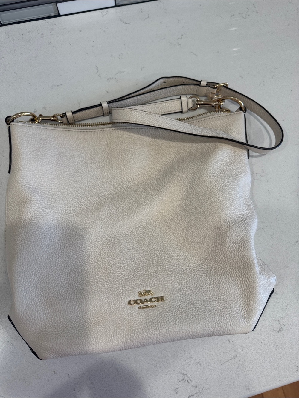 Coach Cream Pebbled Leather Shoulder Bag with Gold Hardware
